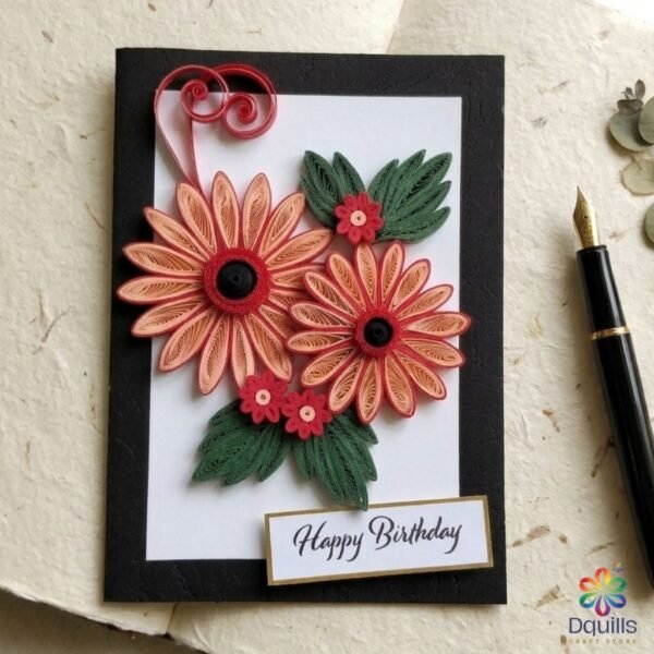 Gerbera Blossoms Birthday Card – Handcrafted Quilling Greeting Card